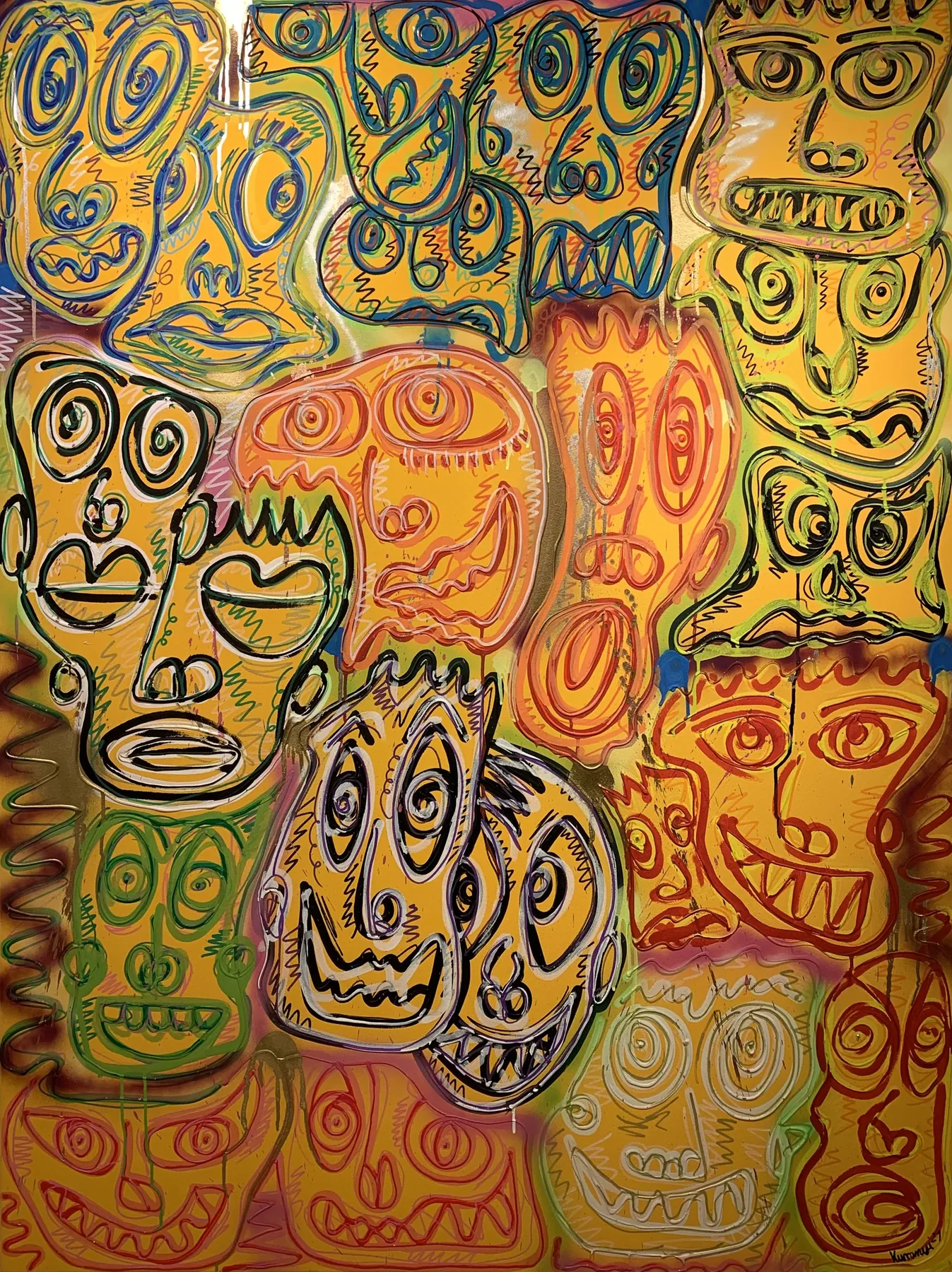 Warmtoniges Originalwerk mit goldenen und orangefarbenen Figuren von Romulo Kuranyi